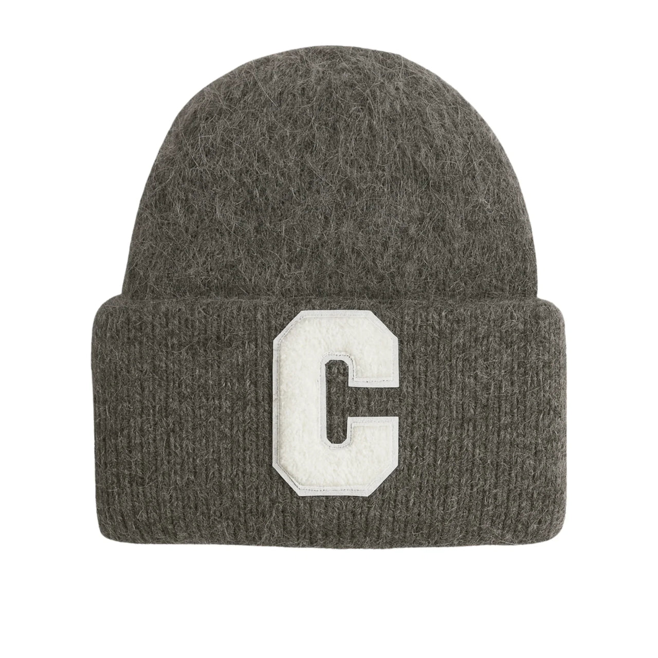 Dark gray beanie with a white 'C' logo on a white background