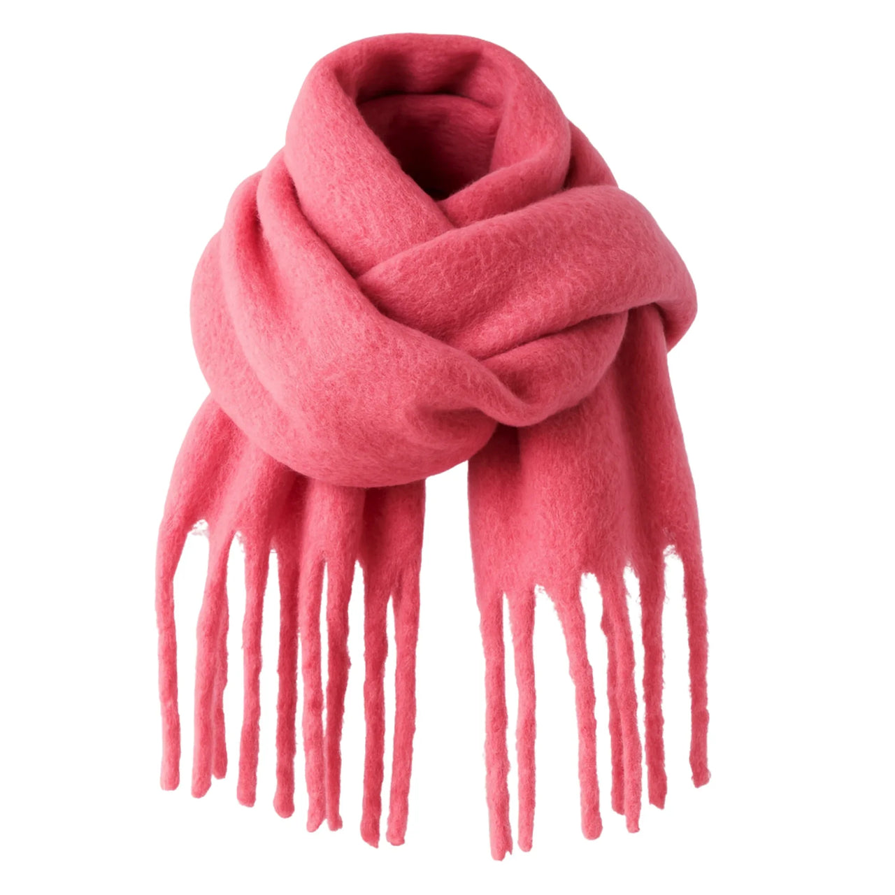 Dark pink scarf with fringes on a white background