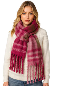 Thumbnail for Woman wearing a pink plaid scarf on a white background