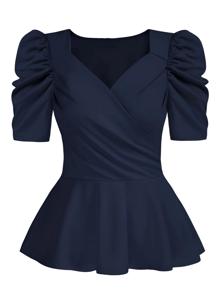 Women's Ruched Puff Short Sleeve Dark Blue V-Neck Blouse