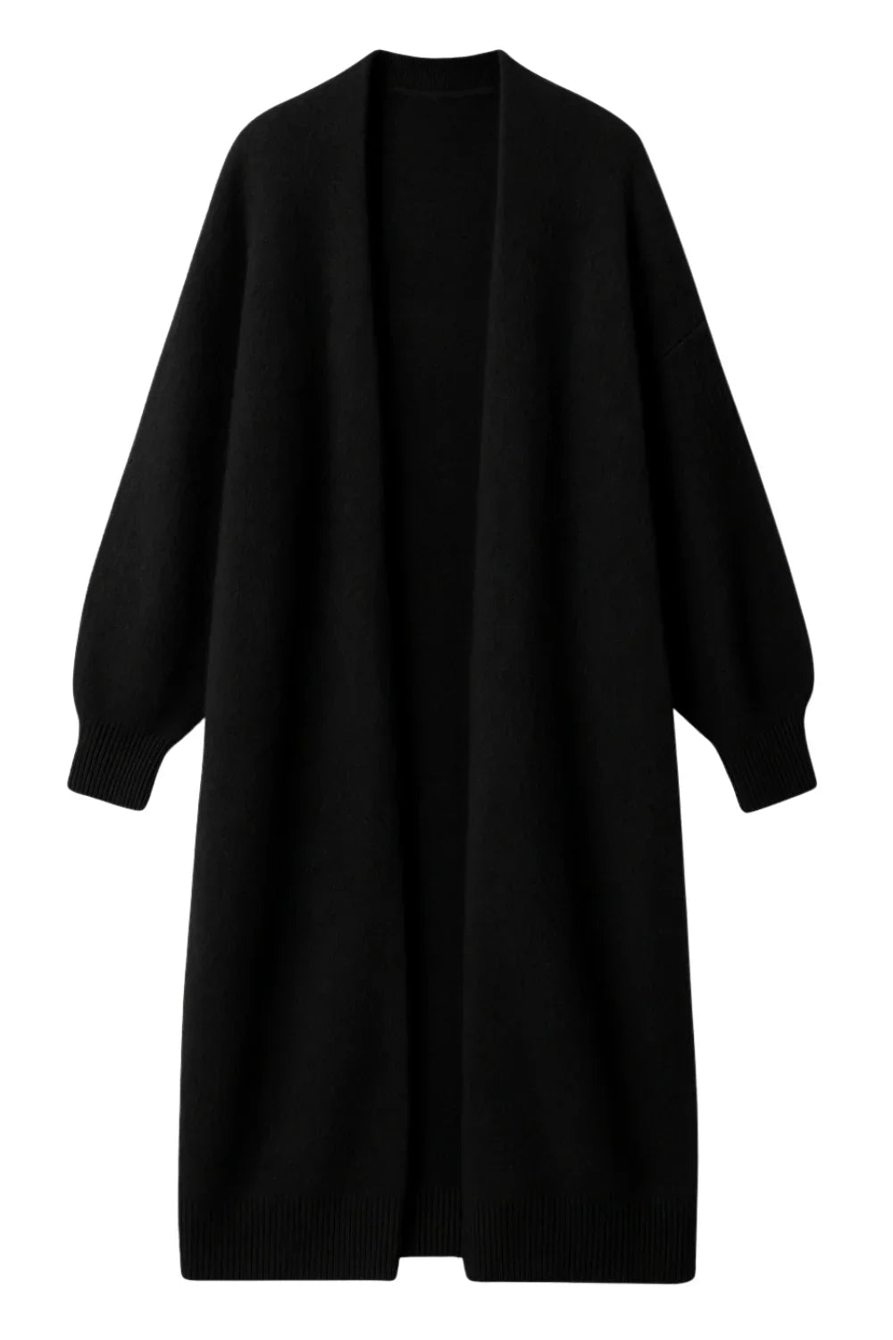 Black long fluffy cardigan on a white background