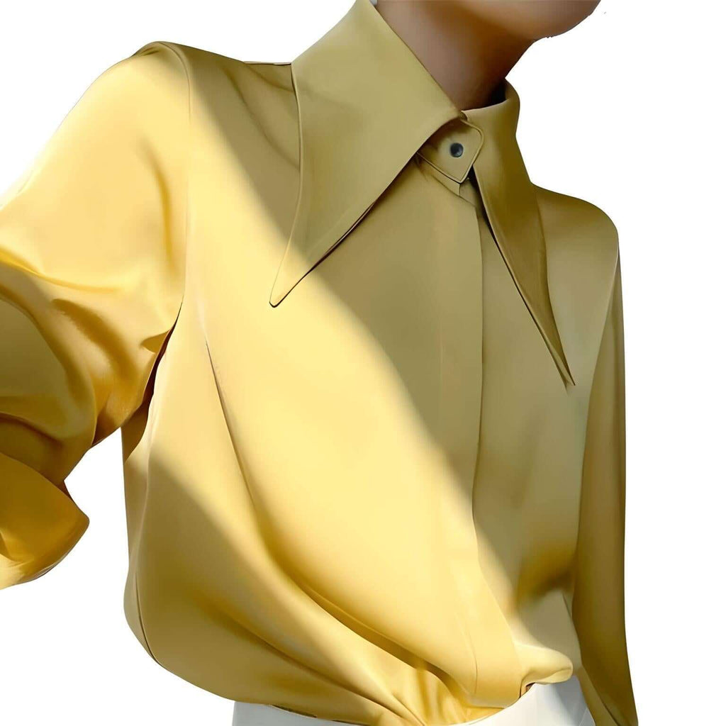 Stylish Elegant Turn Down Collar Long Sleeve Mustard Yellow  Satin Shirt