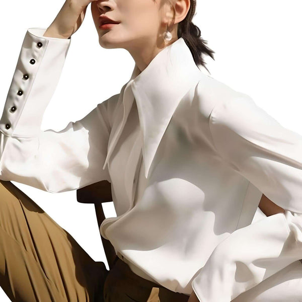Stylish Elegant Turn Down Collar Long Sleeve White Satin Shirt