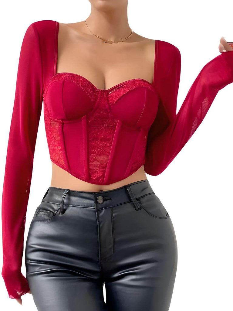 Chic & Sexy Long Sleeve Red Lace Crop Tops For Women