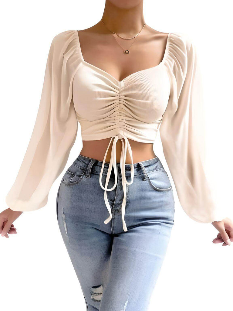 Puff Sleeve White Lace Up Crop Tops For Women
