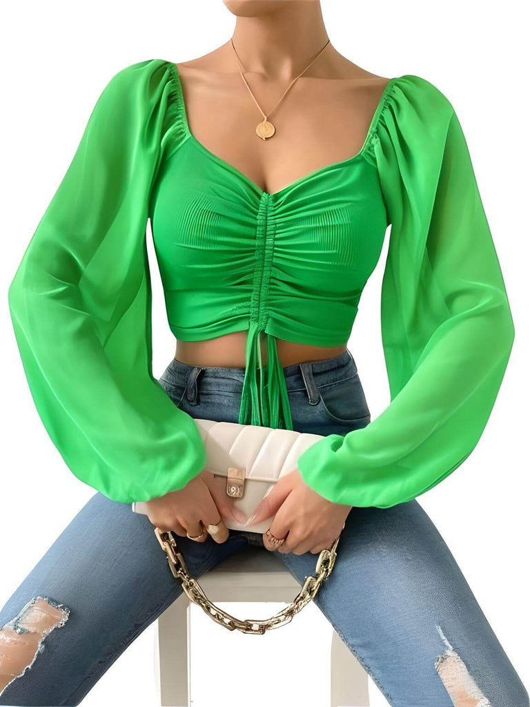 Puff Sleeve Lace Up Green Crop Tops For Women