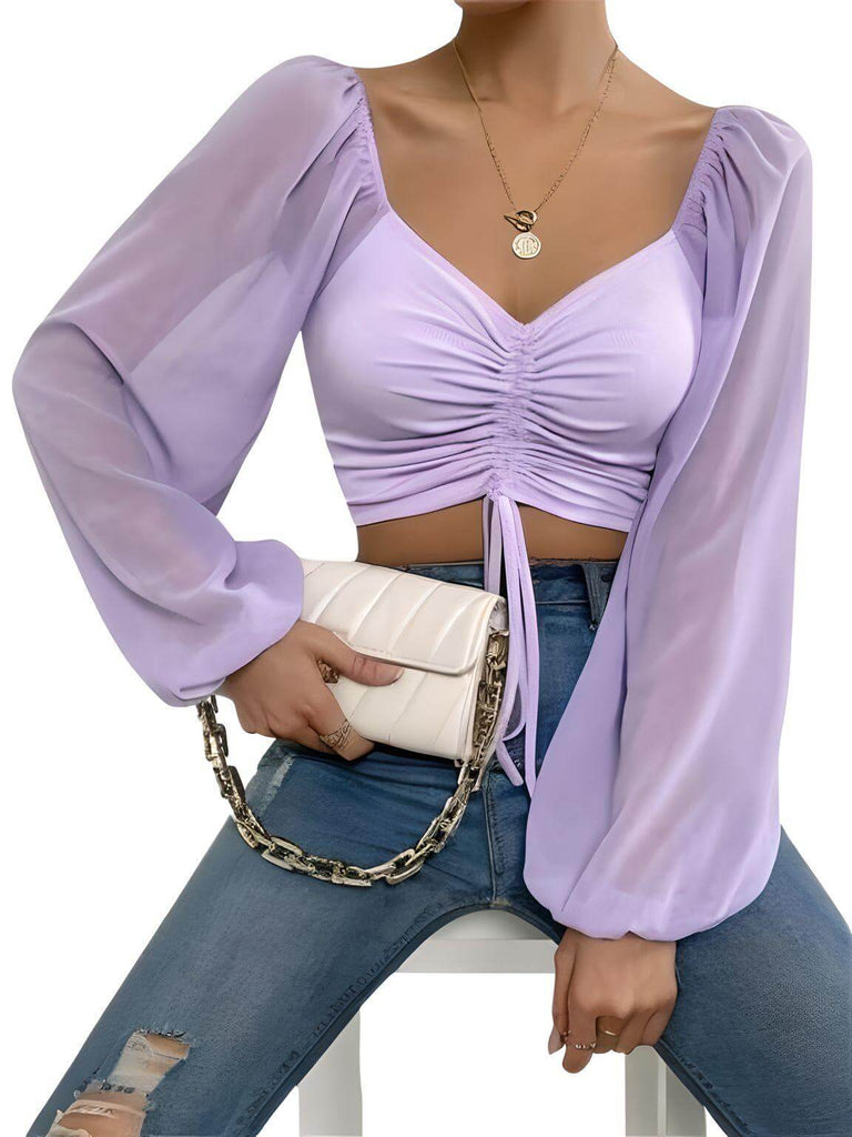 Puff Sleeve Lace Up Purple Crop Tops For Women