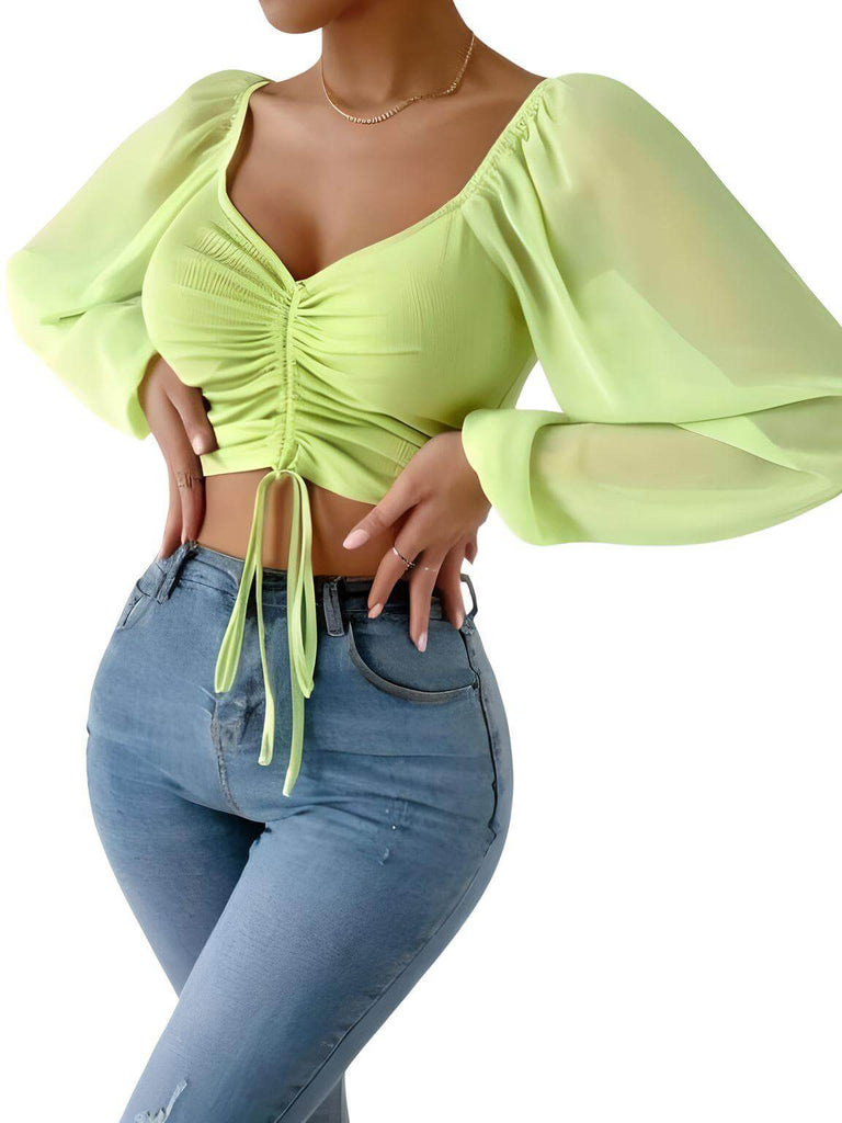 Puff Sleeve Lace Up Light Green Crop Tops For Women