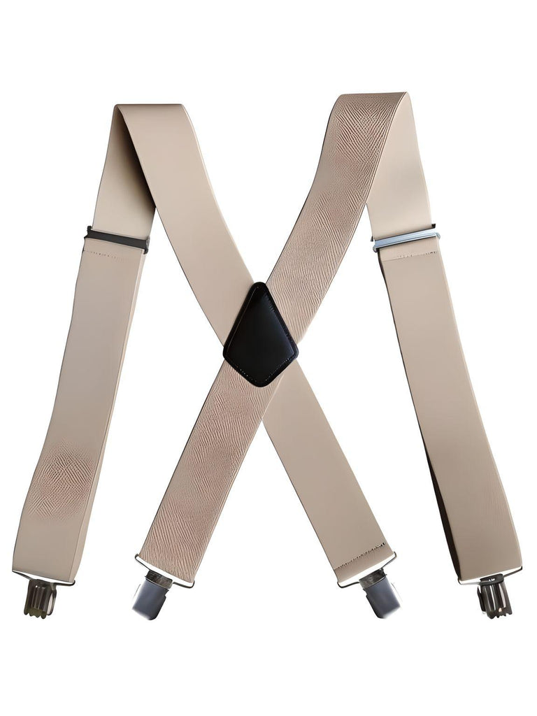 Heavy Duty Big Size Beige Suspenders for Men - 2 Inch Wide X Back 4 Strong Clips