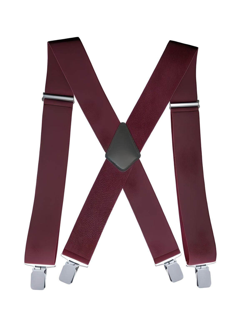 Heavy Duty Big Size Dark Red Suspenders for Men - 2 Inch Wide X Back 4 Strong Clips