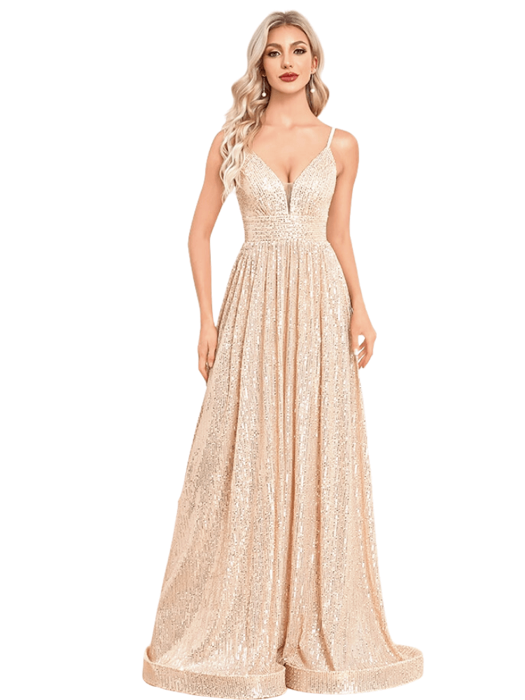 Stunning champagne sequin evening gown with deep V-neck. Shop Drestiny for free shipping + tax covered. Seen on FOX, NBC, CBS. Save up to 50% now!