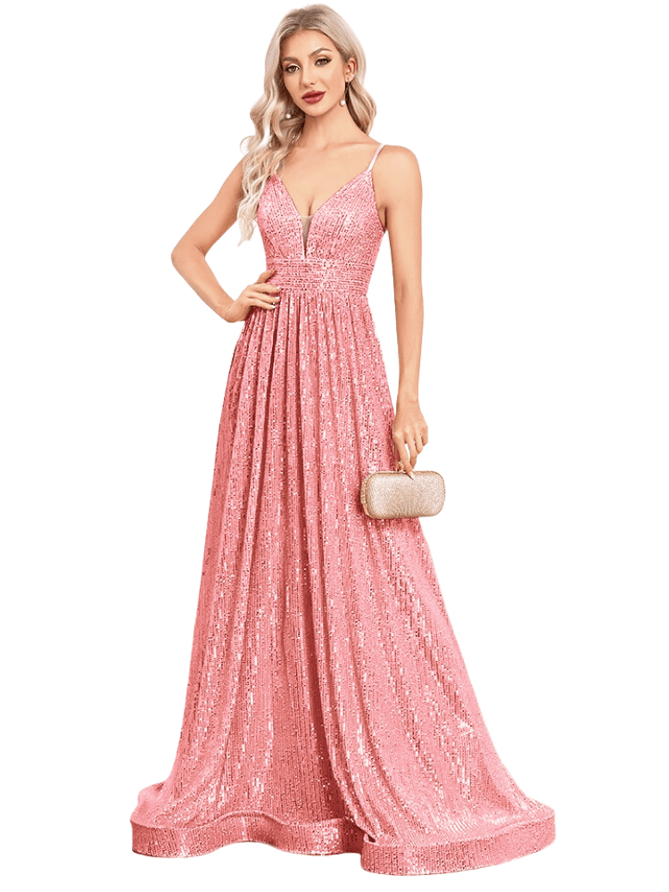 Stunning pink sequin evening gown with deep V-neck. Shop Drestiny for free shipping + tax covered. Seen on FOX, NBC, CBS. Save up to 50% now!