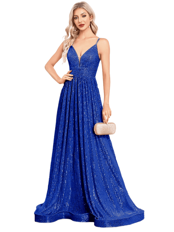 Stunning blue sequin evening gown with deep V-neck. Shop Drestiny for free shipping + tax covered. Seen on FOX, NBC, CBS. Save up to 50% now!