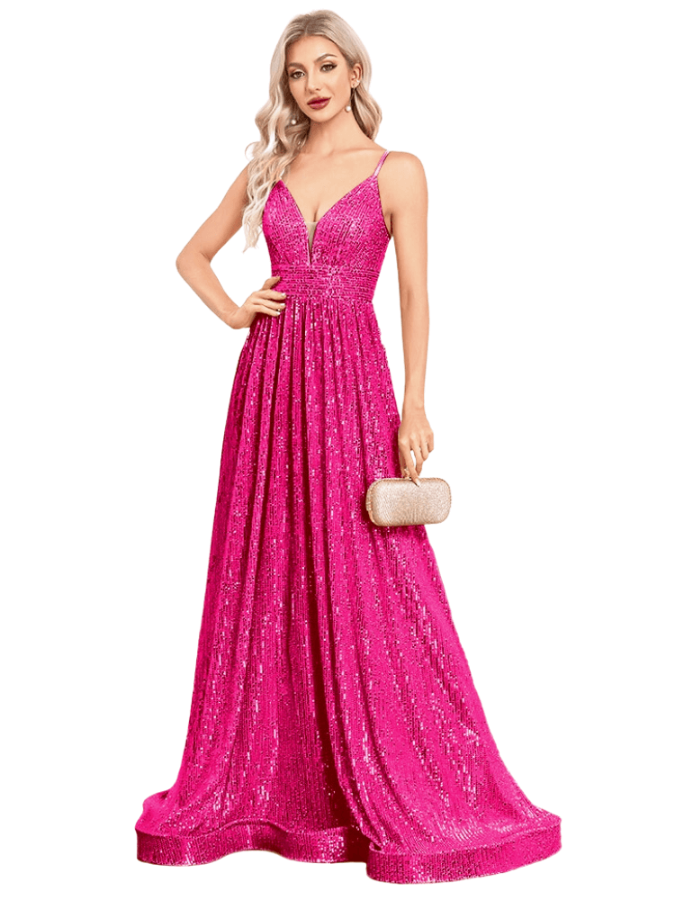 Stunning deep pink sequin evening gown with deep V-neck. Shop Drestiny for free shipping + tax covered. Seen on FOX, NBC, CBS. Save up to 50% now!