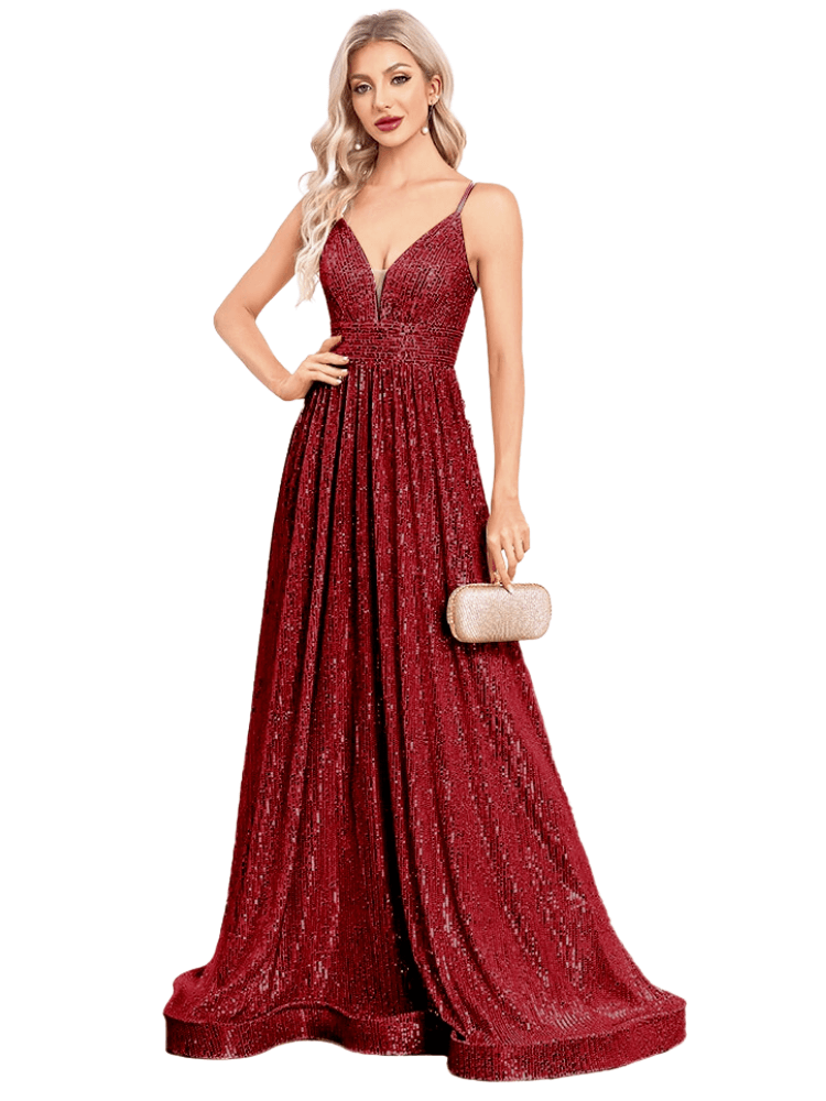 Stunning dark red sequin evening gown with deep V-neck. Shop Drestiny for free shipping + tax covered. Seen on FOX, NBC, CBS. Save up to 50% now!