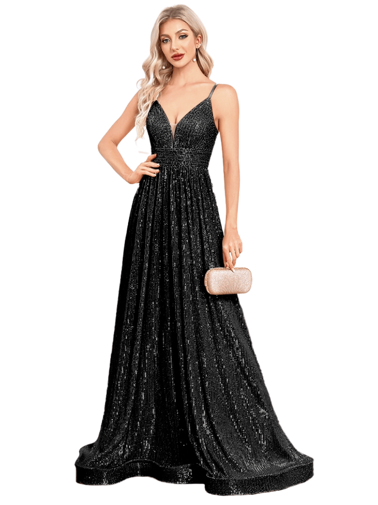 Stunning black sequin evening gown with deep V-neck. Shop Drestiny for free shipping + tax covered. Seen on FOX, NBC, CBS. Save up to 50% now!