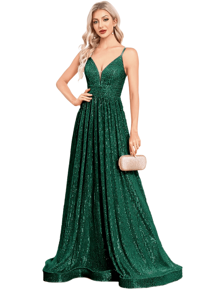 Stunning dark green sequin evening gown with deep V-neck. Shop Drestiny for free shipping + tax covered. Seen on FOX, NBC, CBS. Save up to 50% now!