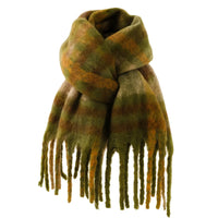 Thumbnail for Green and brown plaid scarf with fringes on a white background