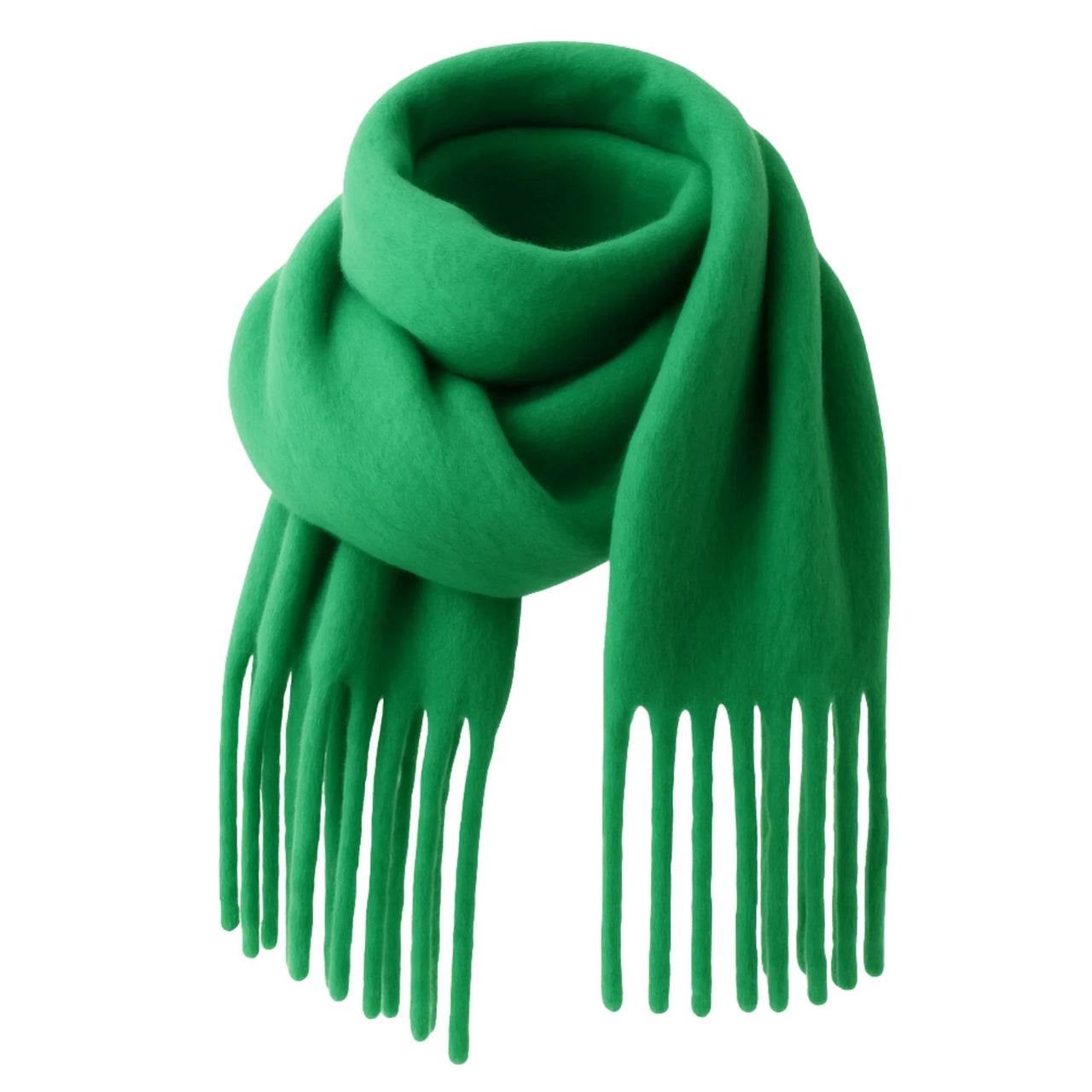 Green scarf with fringes on a white background