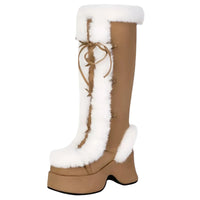 Thumbnail for Tan knee-high boots with white fur trim on a white background