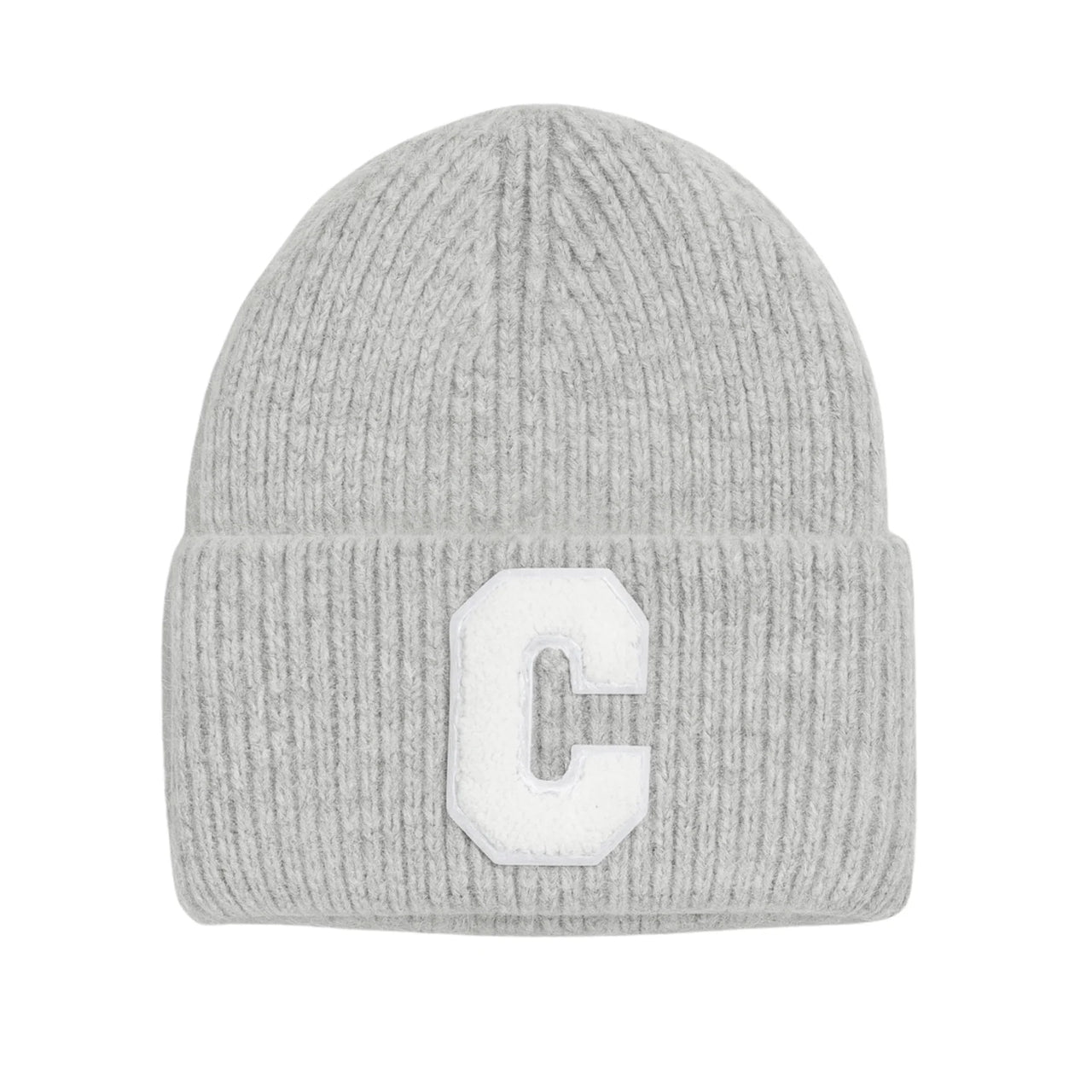 Light gray beanie with a white 'C' on a white background