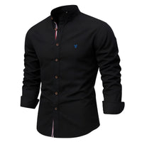Thumbnail for Men's black button-up shirt with a small logo on a white background