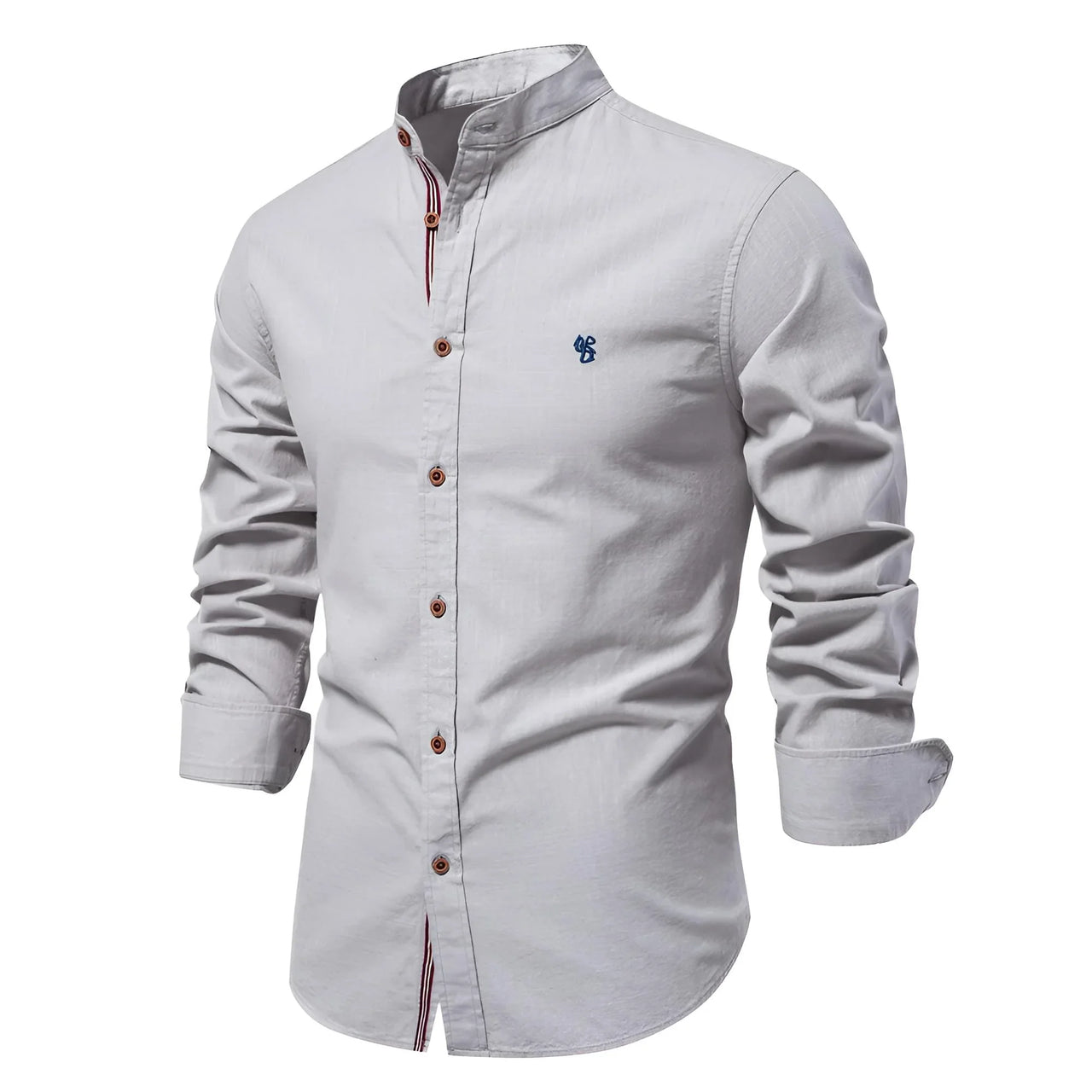 Light gray long-sleeve shirt with a collar on a white background