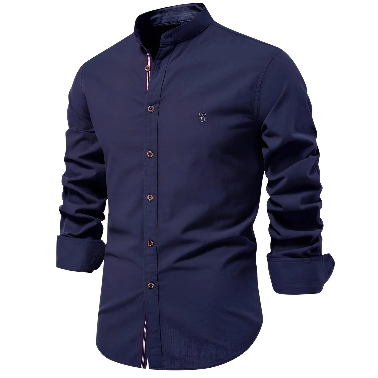 Navy blue shirt with a small logo on a white background