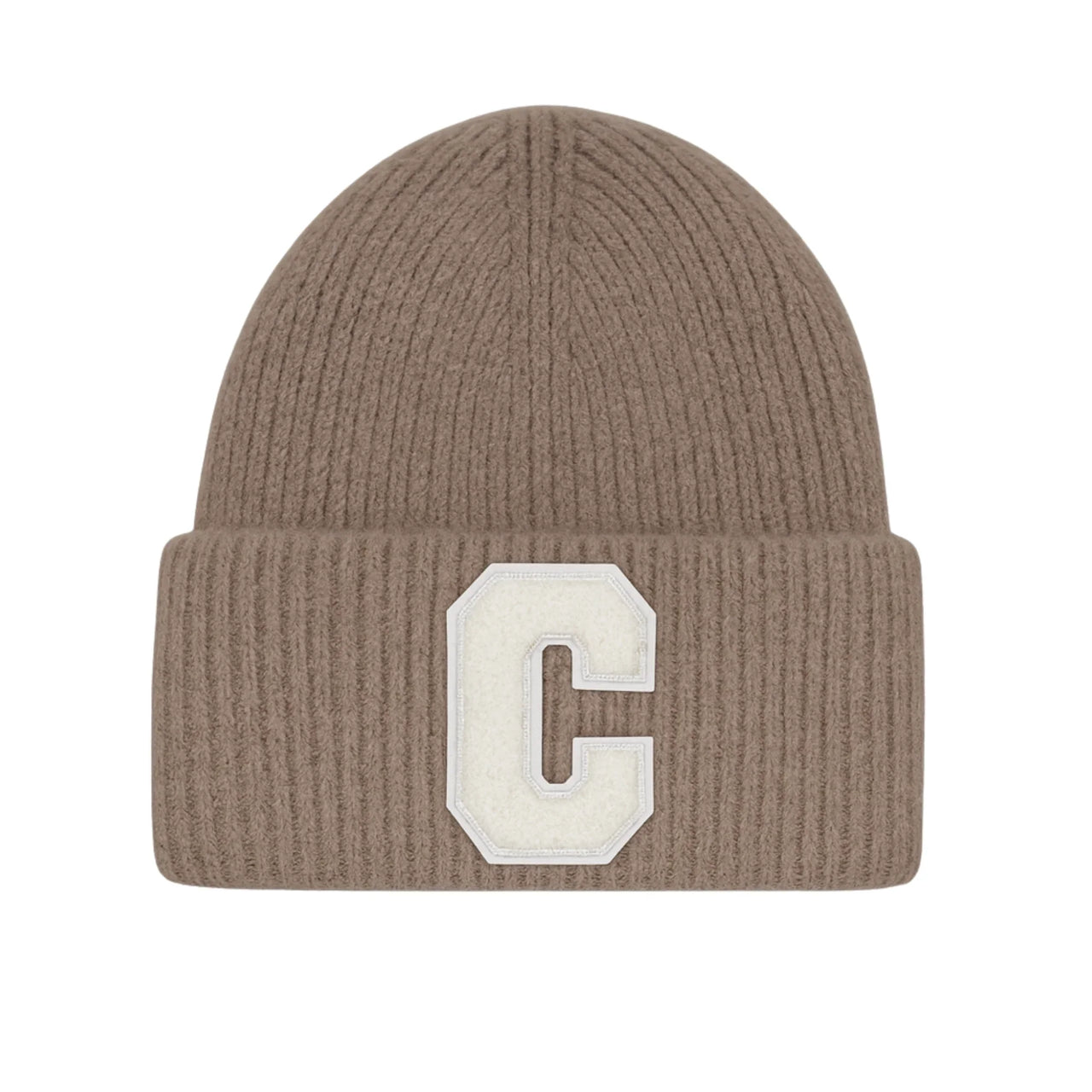 Brown beanie with a white 'C' logo on a white background