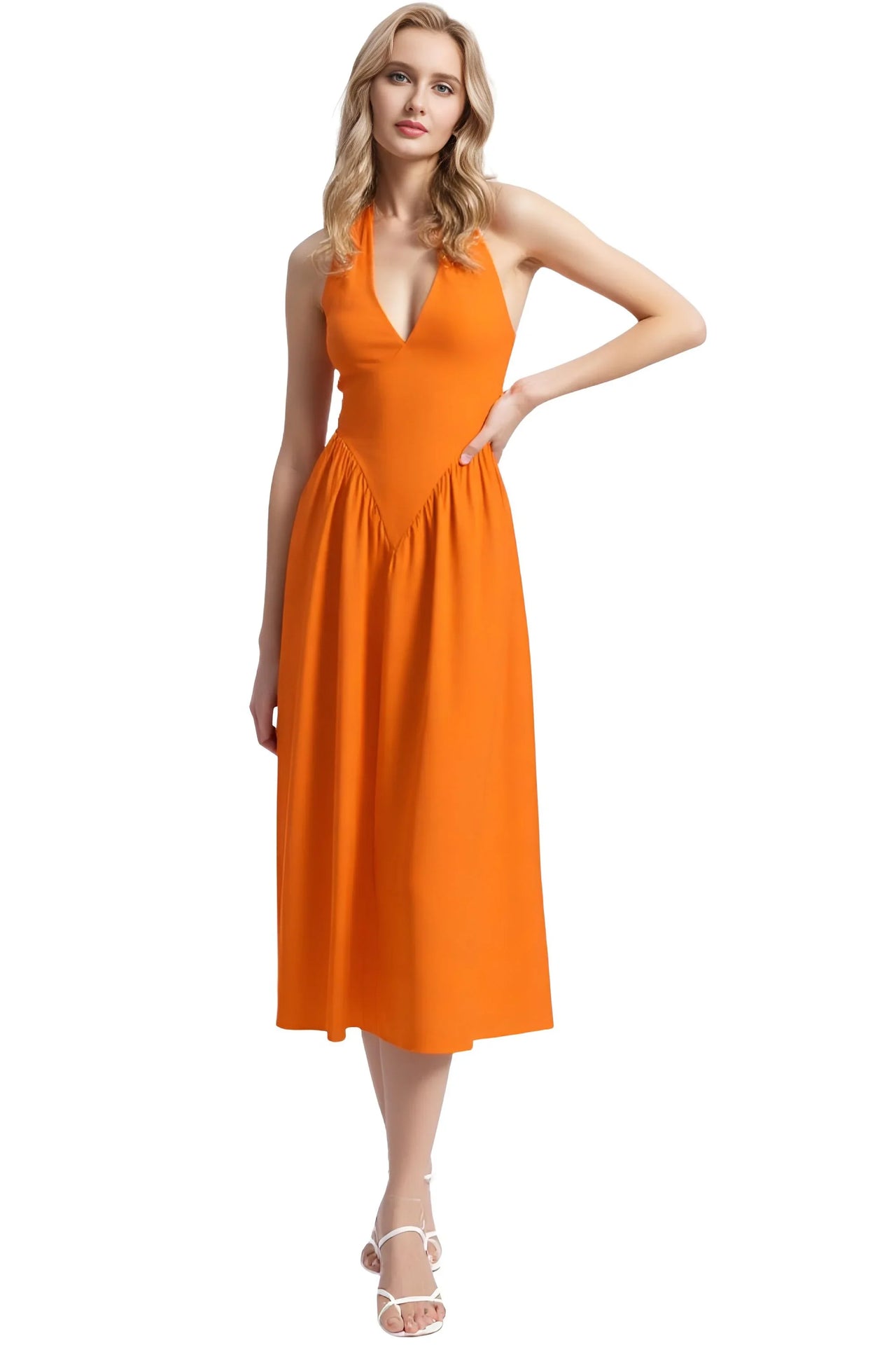 Orange dress worn by a model on a white background