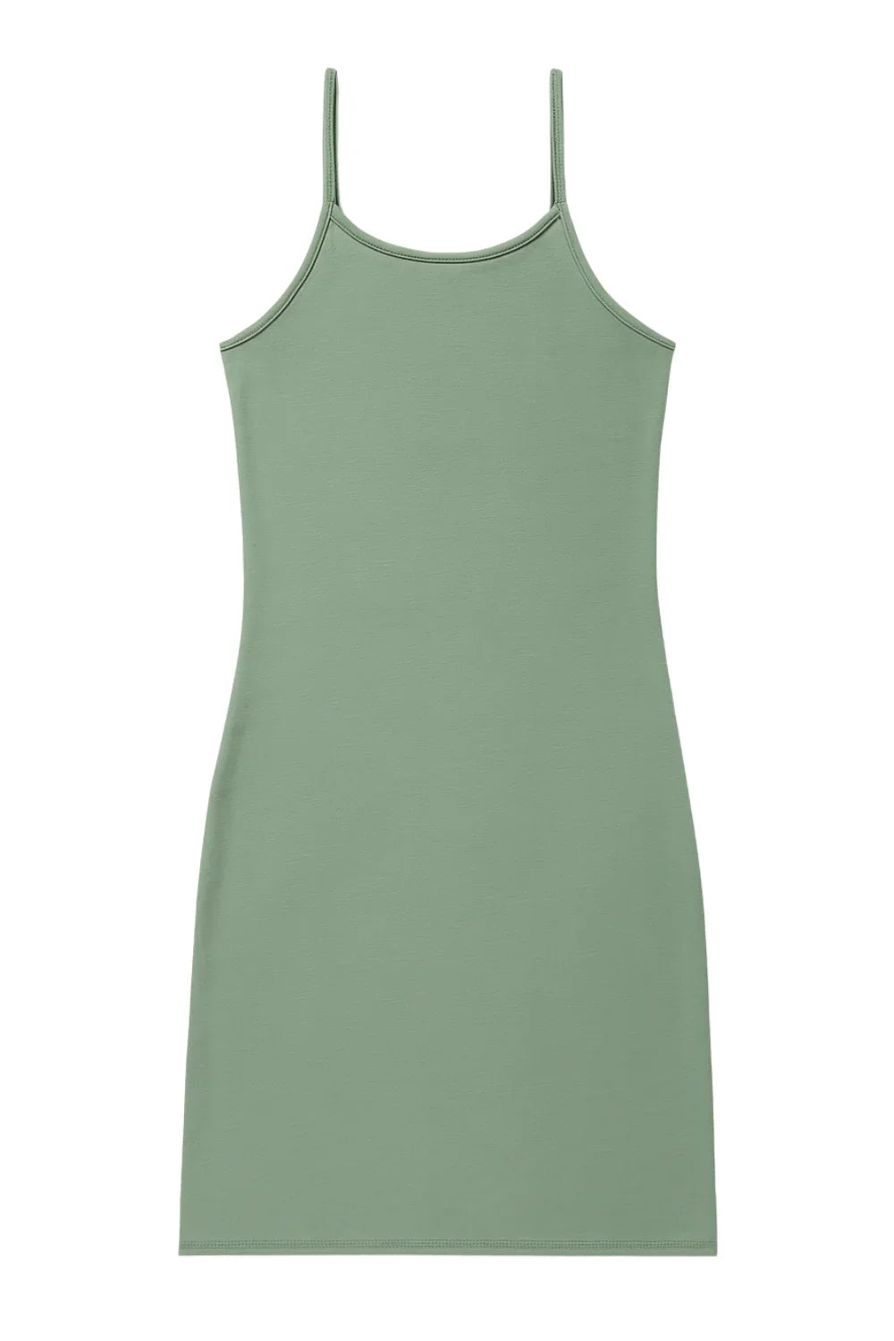 Pale green spaghetti strap slip dress on a white background