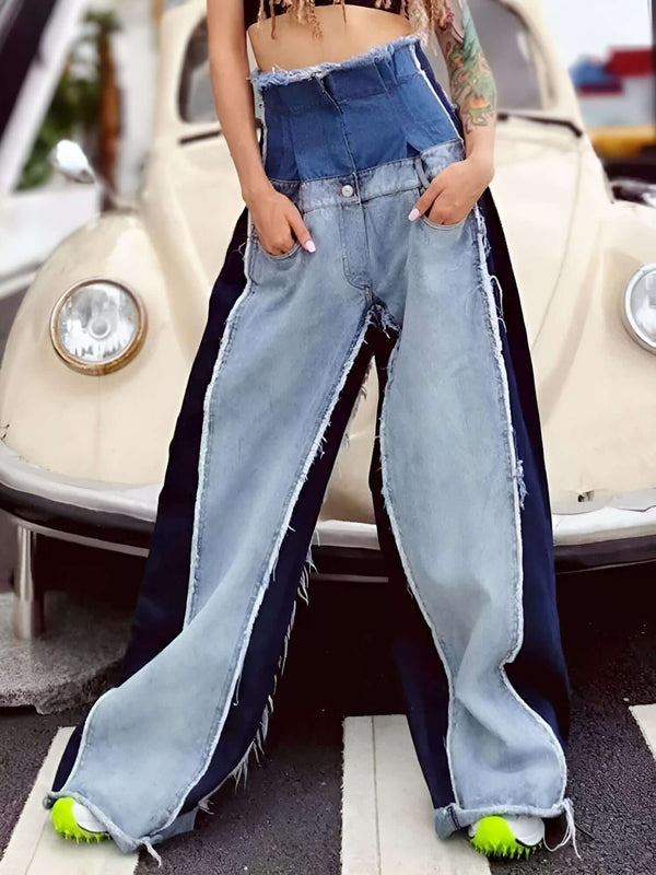 Wide Leg High Waist Denim Patchwork Jeans For Women