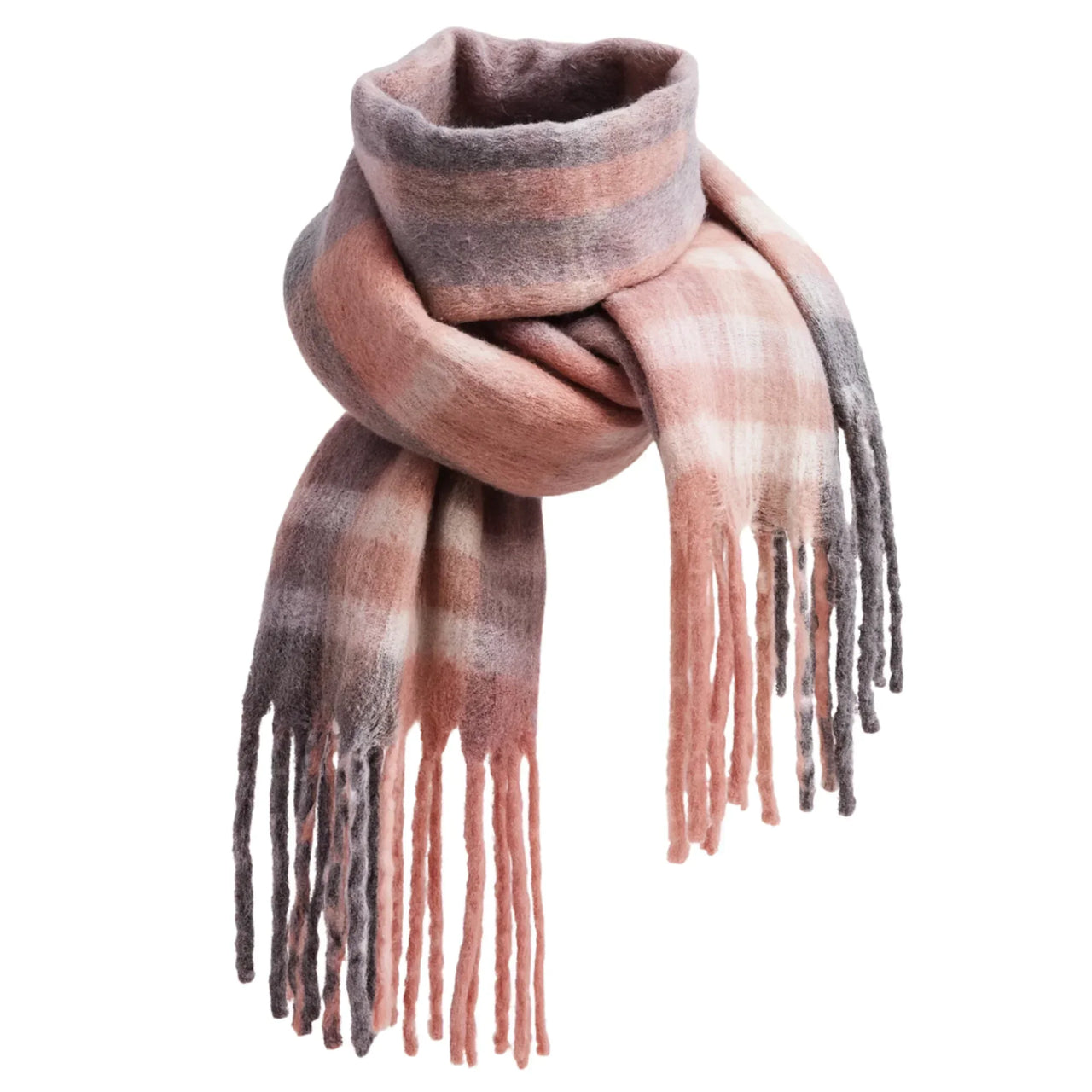 Plaid scarf with fringes in pink and grey tones on a white background