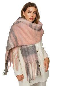 Thumbnail for Woman wearing a large plaid scarf in pink and gray on a white background