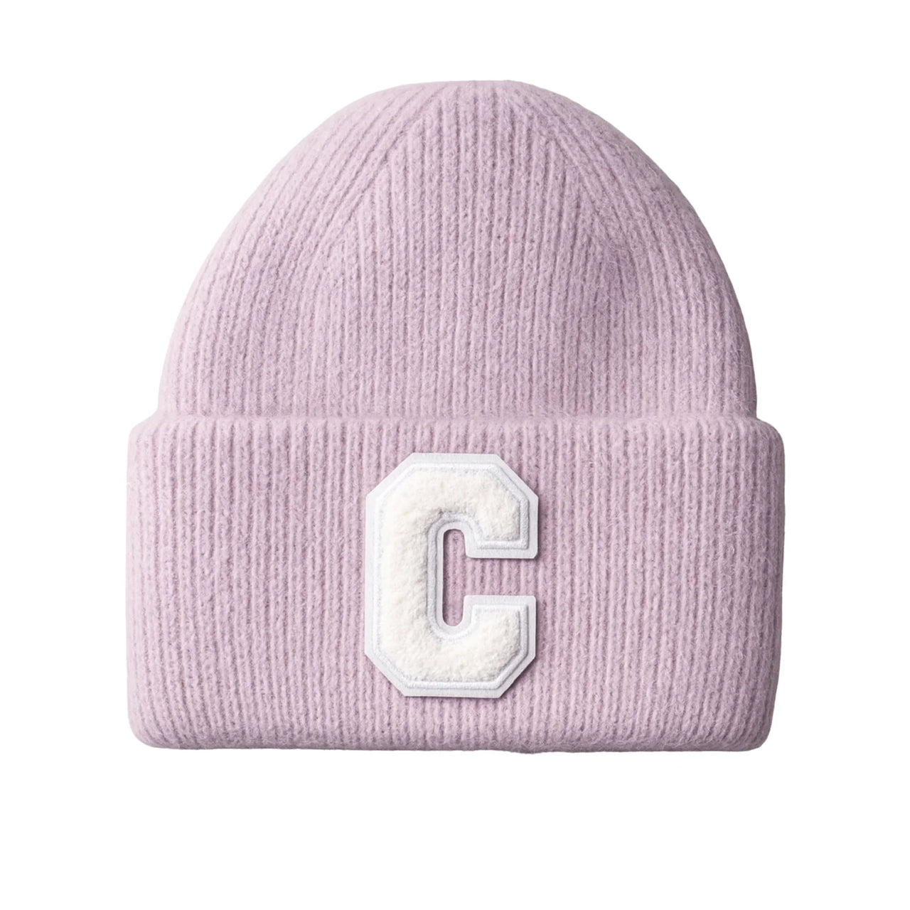 Pink purple beanie with a white 'C' patch on a white background