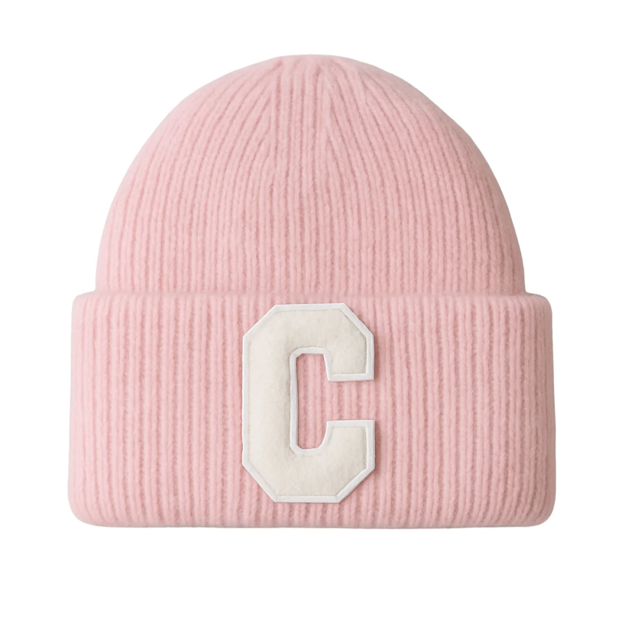 Pink beanie with a white 'C' logo on a white background