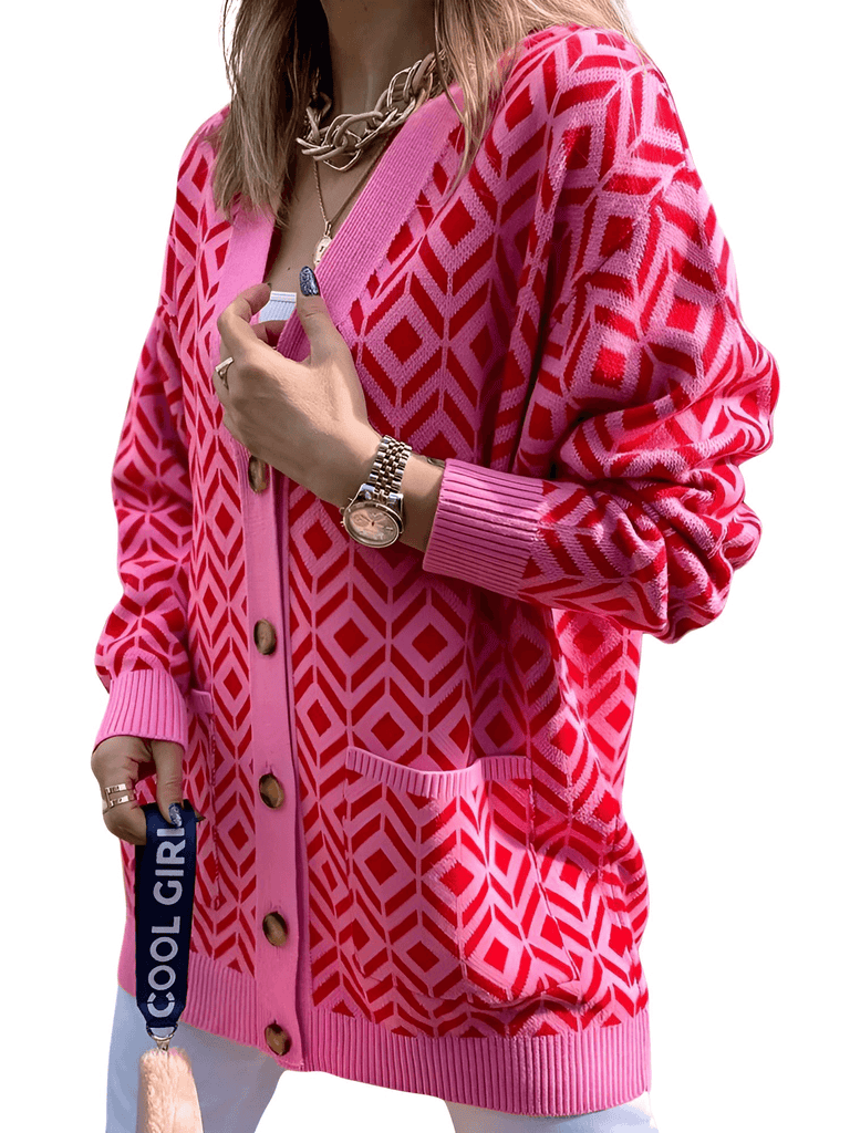 Single-Breasted Loose Red Pink Cardigan Sweaters For Women