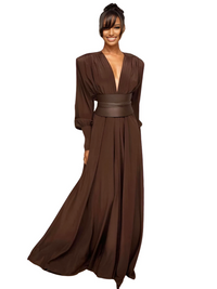 2025 Spring Fashion Dresses For Women Plunging V Neck High Waist Belt Long Sleeves Wedding Party Dress Brown Gowns, Drestiny, XS, S, M, L, Brown Dress, Maxi Dresses, Long Sleeves, Ankle Length Dresses,  spring dresses, spring dresses under $100, spring dresses for women, spring dresses sale UK, spring dresses for women uk, United States, Canada, Australia, New Zealand, United Kingdom, shopdrestiny.com