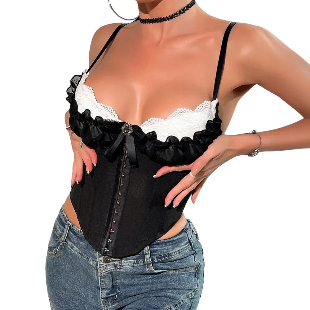 Women's Ruffle Lace-Trim Crop Corset Going Out Camisole Y2K Street Date Night Club Party Tops, Drestiny, Corsets, Crop Tops, Tank Tops, Causal Shirts, Sleeveless, S, M, L, United States, USA, Canada, Australia, New Zealand, United Kingdom, Blue, Pink, UK, Navy, Red, Brown, Grey, Black, Y2K corset top, ruffle lace crop top, sexy going out tops, date night camisole, clubwear tops women, Y2K fashion tops, lace trim corset top, party tops women's, ruffle crop top UK, going out camis UK, shopdrestiny.com 