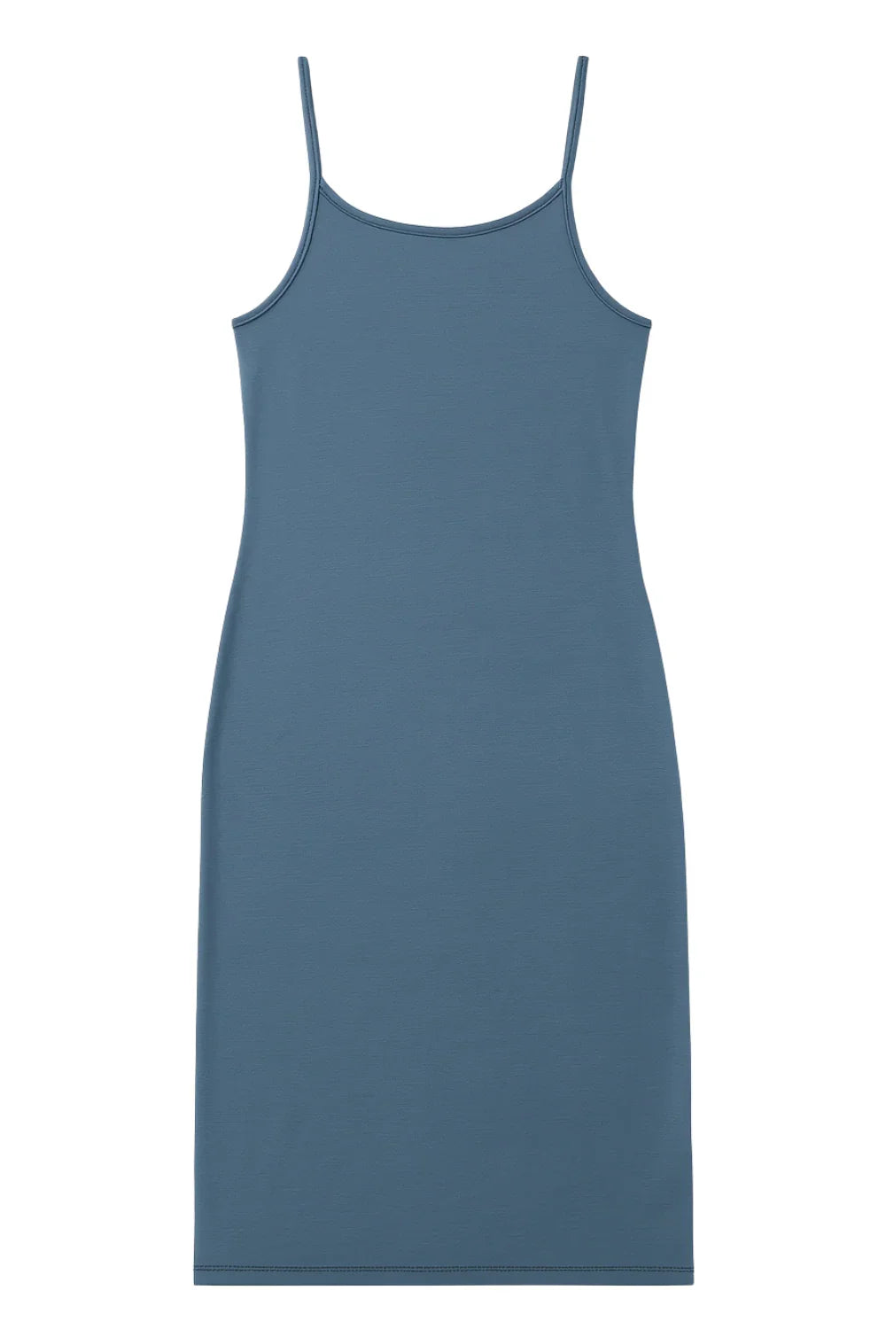 Slate blue slip dress on a white background