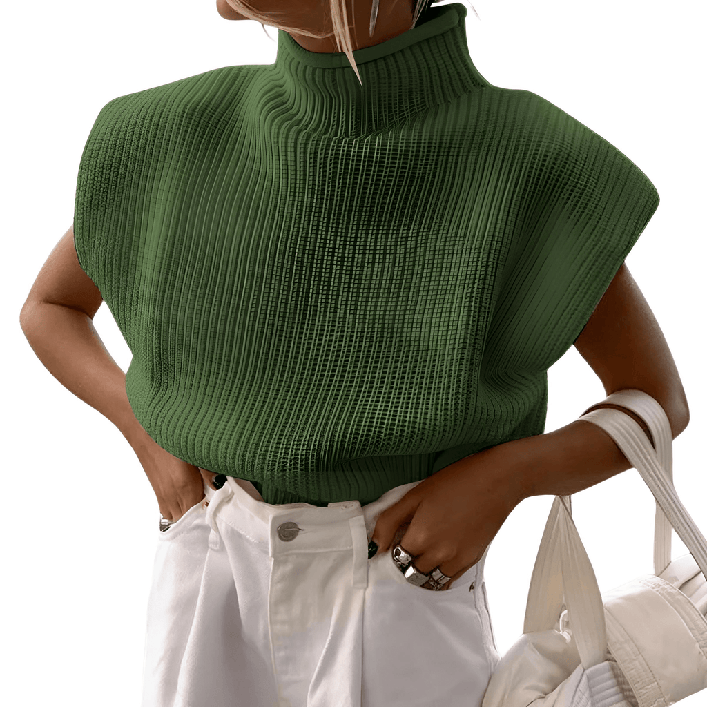 Sleeveless Turtleneck Short Green Sweaters For Women
