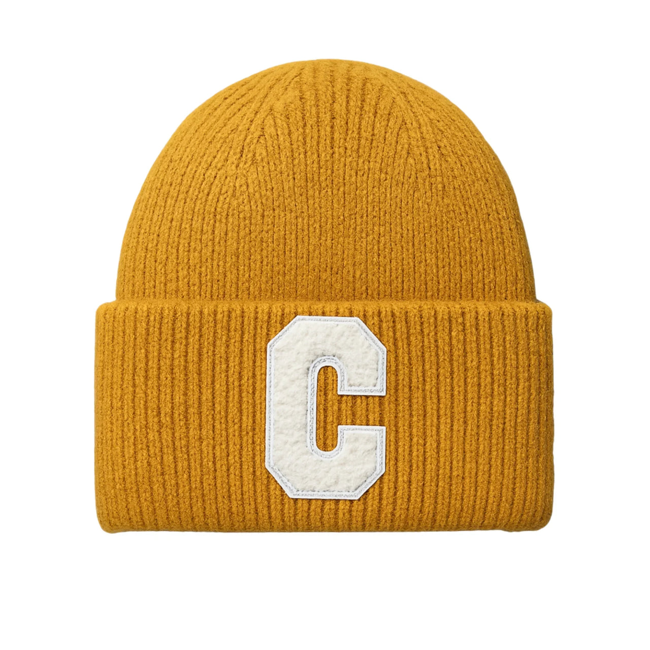 Turmeric yellow beanie with a white 'C' logo on a white background