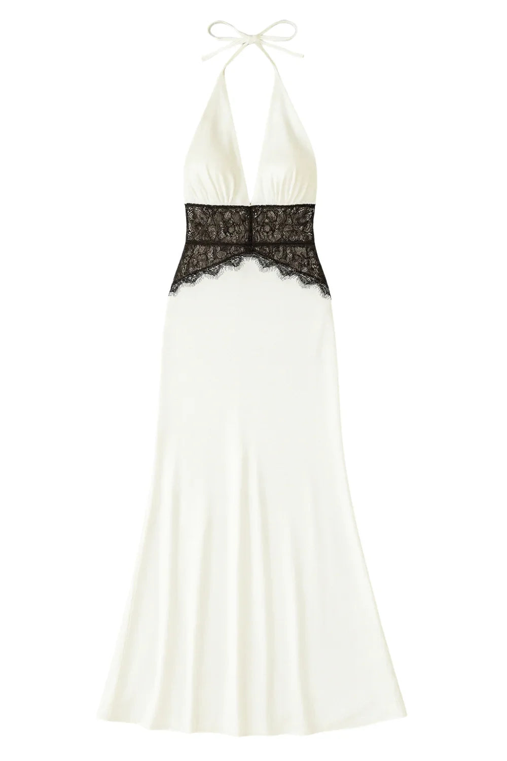 White halter neck dress with black lace detailing on a white background