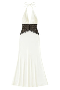 Thumbnail for White halter neck dress with black lace detailing on a white background