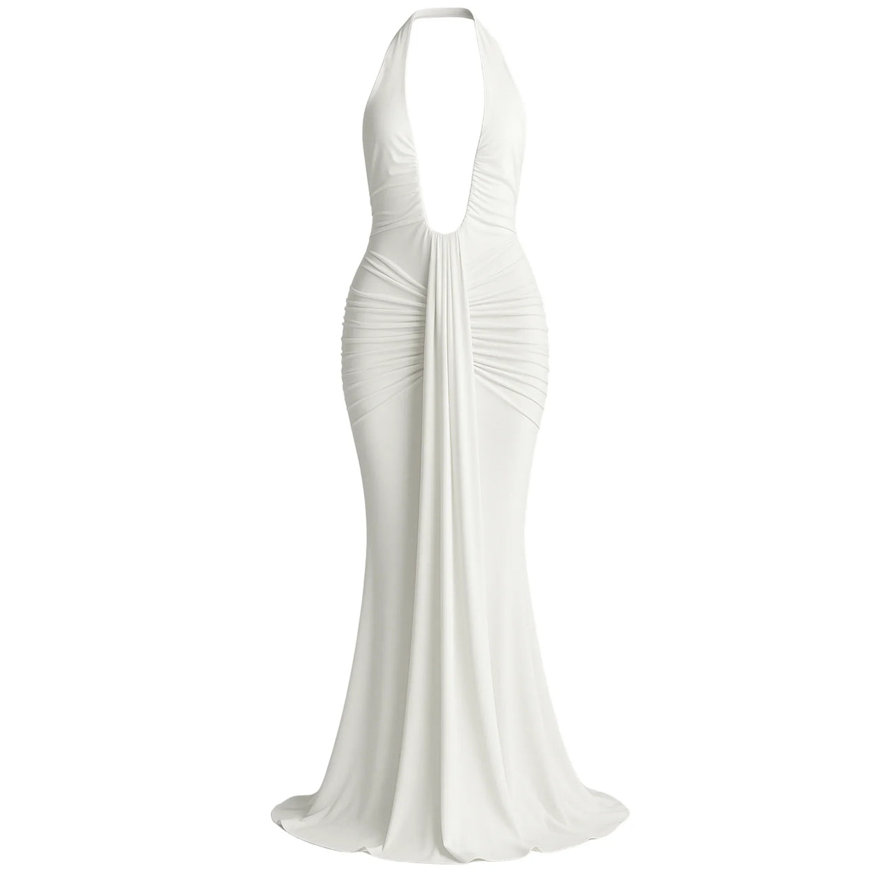 Deep V-Neck Halter Maxi Dress Women's Sleeveless Ruched Gown Draped Club Party Long Dress