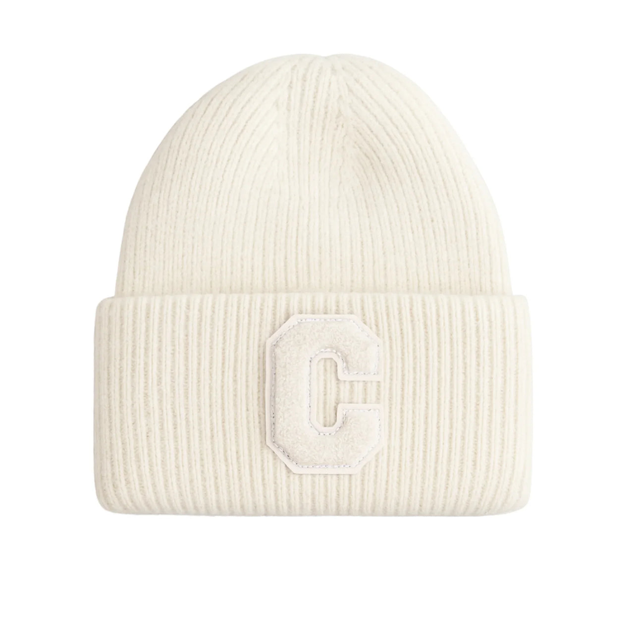 White beanie with a 'C' logo on a white background