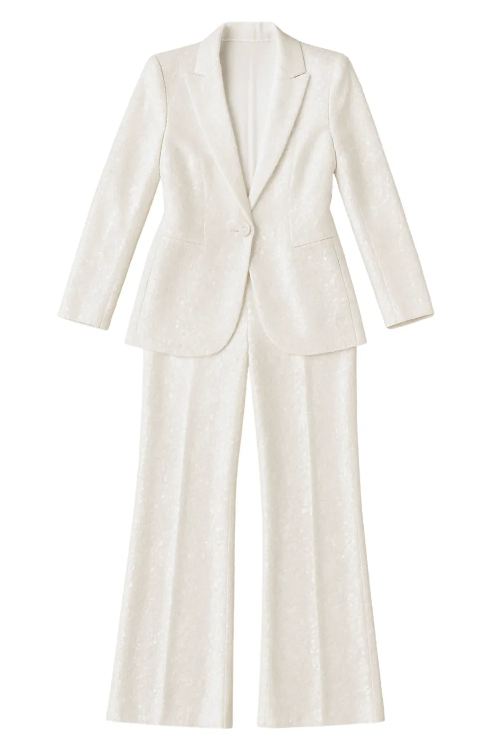 White sequin suit jacket and pants on a white background