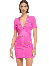 Thumbnail for Women's Short-Sleeved V-Neck Mini Dress, Drestiny, Mini Dresses, Short Sleeves, S, M, L, XL, United States, USA, Canada, Australia, New Zealand, United Kingdom, UK, Teal, Dark Olive Green, Black, Deep Pink, White, Orange, Red, Purple, Yellow, Khaki, v-neck mini dress, V-neck mini dress Pink, shopdrestiny.com