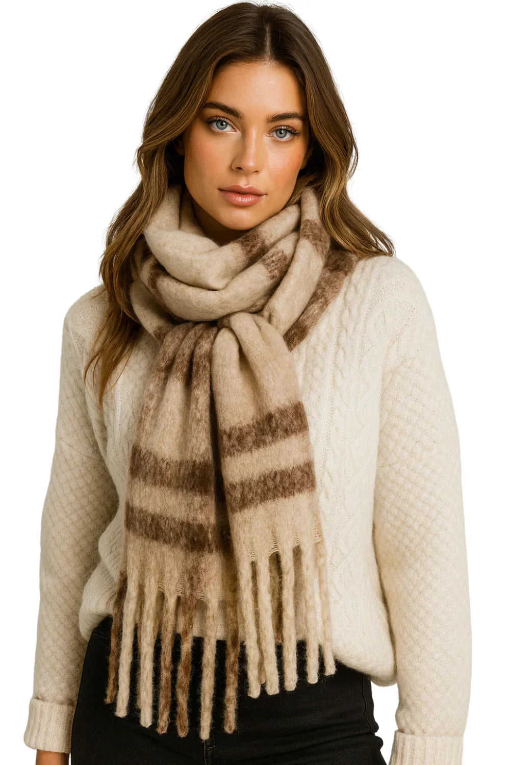 Woman wearing a beige scarf with brown stripes on a white background