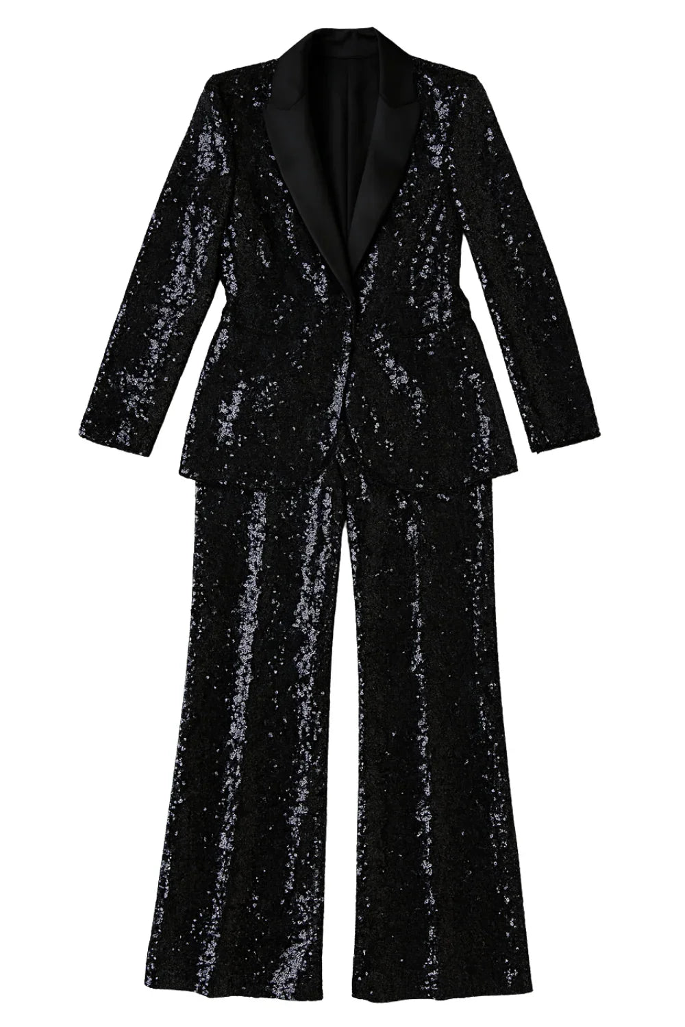 Black sequin suit on a white background